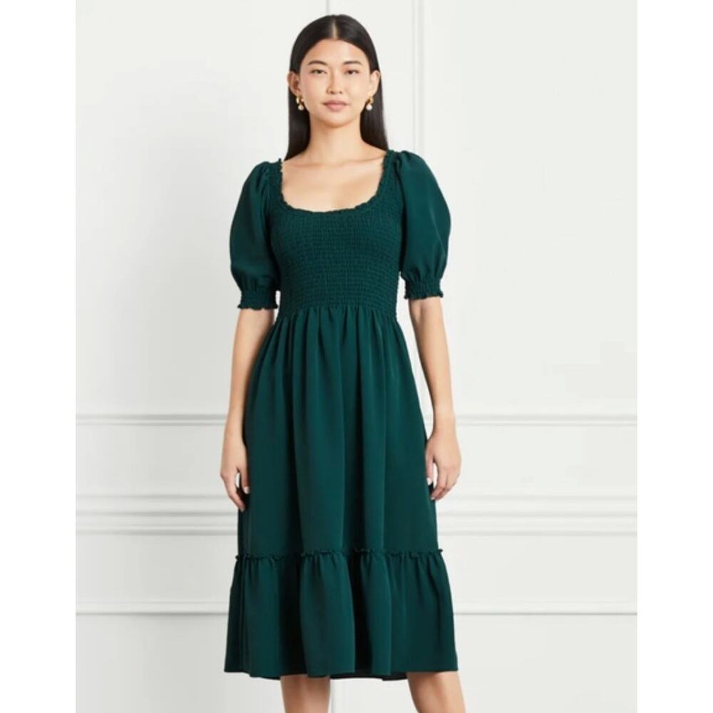 Hill House XS Louisa Nap Dress $218 Puff Shoulder Midi Smocked Cottagecore Green